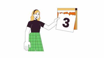 Calendar woman on moving out day line 2D character animation. Moving house countdown flat color cartoon 4K video, alpha channel. Caucasian girl ready to relocation animated person on white background video