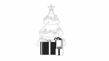 Gifts Christmas-tree shining bw 2D object animation. Festive celebration outline cartoon 4K video, alpha channel. Giftboxes presents under xmas tree animated element isolated on white background video