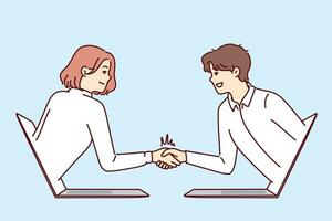 Handshake of business people leaning out of laptop and making remote negotiations via internet connection. Handshake of man and woman working in large corporation and making video call vector