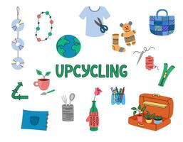 Upcycle elements set. Vector hand drawn clipart illustrations. Upcycling creative ideas on white background. Sustainable living and environmental protection concept