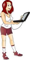 vector de joven mujer escuchando música en ordenador portátil.