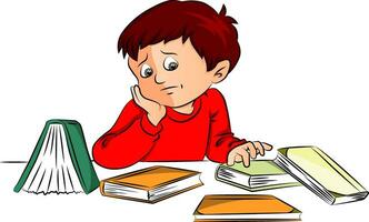 Vector of unhappy boy with books on desk.