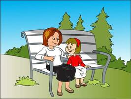 vector de sonriente madre y hija sentado en banco a parque.