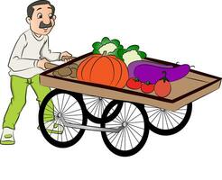 Vector of vendor pushing vegetable cart.