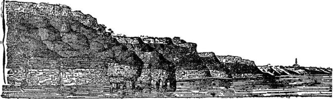 jurásico visible medio tierra en el acantilados de Calvados, Clásico grabado. vector