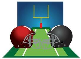 two football helmets on the field with a goal post in the background vector