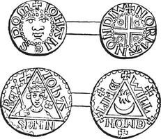 Coins minted during the reign of King John, vintage engraving. vector