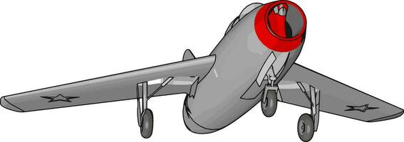 Grey jet plane with three landing wheels and red nose vectore illustration on white background vector