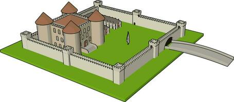 Simple vector illustration of a medieval castle with fortified wall and towers white background