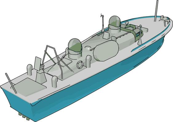 Simple vector illustration of a blue and grey navy ship white baclground