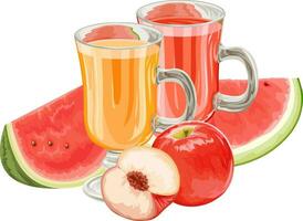 Vector of apple and watermelon fruit with juice.