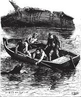 The animal swam painfully toward the boat, vintage engraving. vector