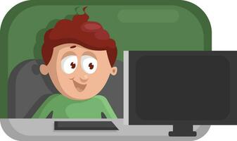 Boy in green shirt with laptop, illustration, vector on a white background.