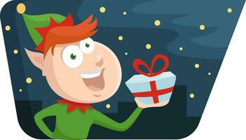 Elf holding a Christmas present, illustration, vector on a white background.