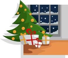 Christmas tree with presents, illustration, vector on a white background.