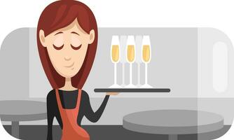 Waitress with drinks, illustration, vector on a white background.