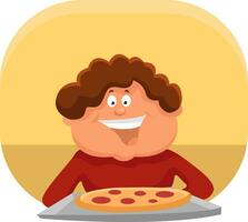 Boy eating pizza, illustration, vector on a white background.