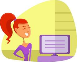 Girl doing presentation on a computer, illustration, vector on a white background.