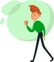 Boy enjoying morning coffee, illustration, vector on a white background.