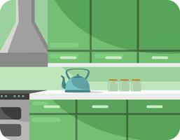 Green kitchen, illustration, vector on a white background.