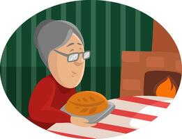 Granny baking bread, illustration, vector on a white background.