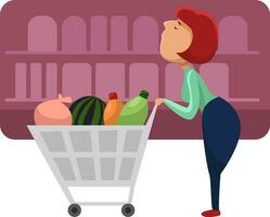 Girl in supermarket, illustration, vector on a white background.