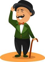 Man with mustache and cane, illustration, vector on a white background.