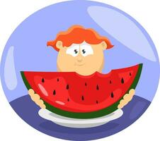 Boy eating watermelon, illustration, vector on a white background.