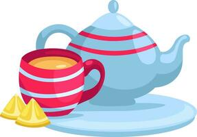 Tea pot with tea cup, illustration, vector on a white background.