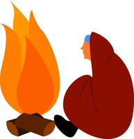A man sitting next to a bonfire, vector color illustration.