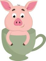 Pig in tea cup vector or color illustration