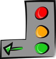 Painting of the vertical green traffic signal board with three separate light bulbs, vector or color illustration.