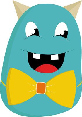 Blue monster with yellow bow, vector or color illustration.