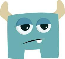 Blue tired monster with horns, vector or color illustration.