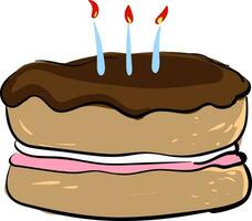 Cake and three candles, vector or color illustration.