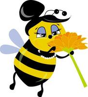 Female bee cuty smelling flower, vector or color illustration.