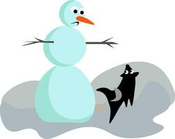 Clipart of a sad snowman and a black dog running closer, vector or color illustration.