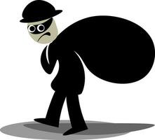 Clipart of a thief carrying a black sack of stolen items and sneaking through, vector or color illustration.