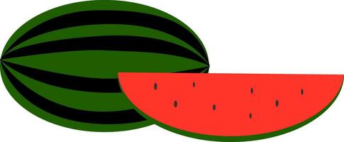 Clipart of a whole and watermelon wedge seeds exposed over white background, vector or color illustration.