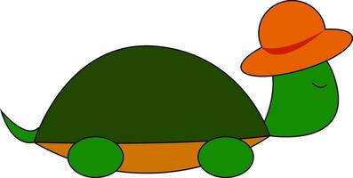 A cute turtle in a brown summer hat set on isolated white background viewed from the side, vector or color illustration.