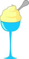 Clipart of yellow-flavored ice cream in elegant blue glassware with a scoop, vector or color illustration.