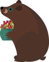 Clipart of a brown bear holding a fruit basket filled with berries vector or color illustration