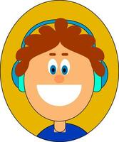 Portrait of a boy wearing big blue headphones over a yellow background vector or color illustration