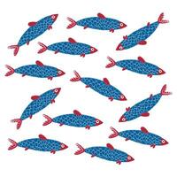 Minimalistic drawing of a regular pattern of blue fish vector or color illustration