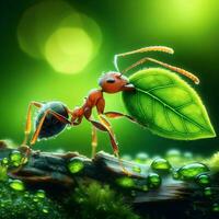 ai generative macro of tiny ant carrying green leaf, wildlife background photo