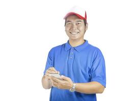 toothy smiling face of delivery man and smart computer in hand preparing for taking customer order isolated white background photo