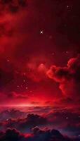 Crimson ruby red gradient mystical sky with clouds and stars phone background wallpaper, ai generated photo