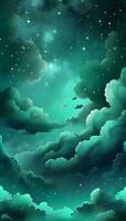 Mint green light gradient mystical sky with clouds and stars phone background wallpaper, ai generated photo