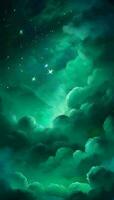 Mint green light gradient mystical sky with clouds and stars phone background wallpaper, ai generated photo