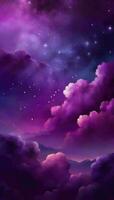 Purple dark gradient mystical sky with clouds and stars phone background wallpaper, ai generated photo